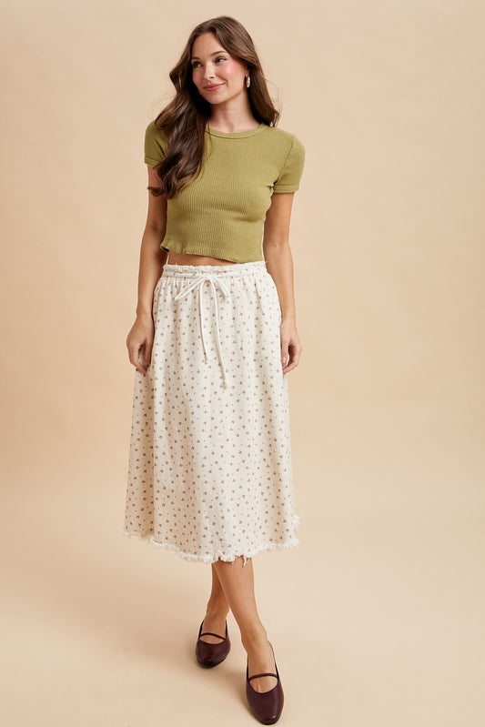 Stretch Ditsy Floral Twill Cotton Midi Flare Skirt