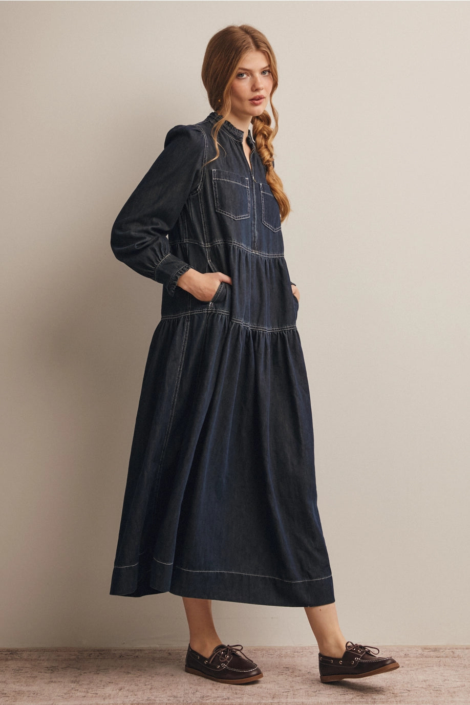 Dark Denim Tiered Zip-Front Maxi Dress