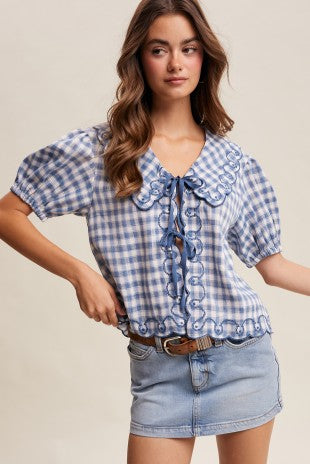 Martha's Gingham Embroidered Tie-front Blouse