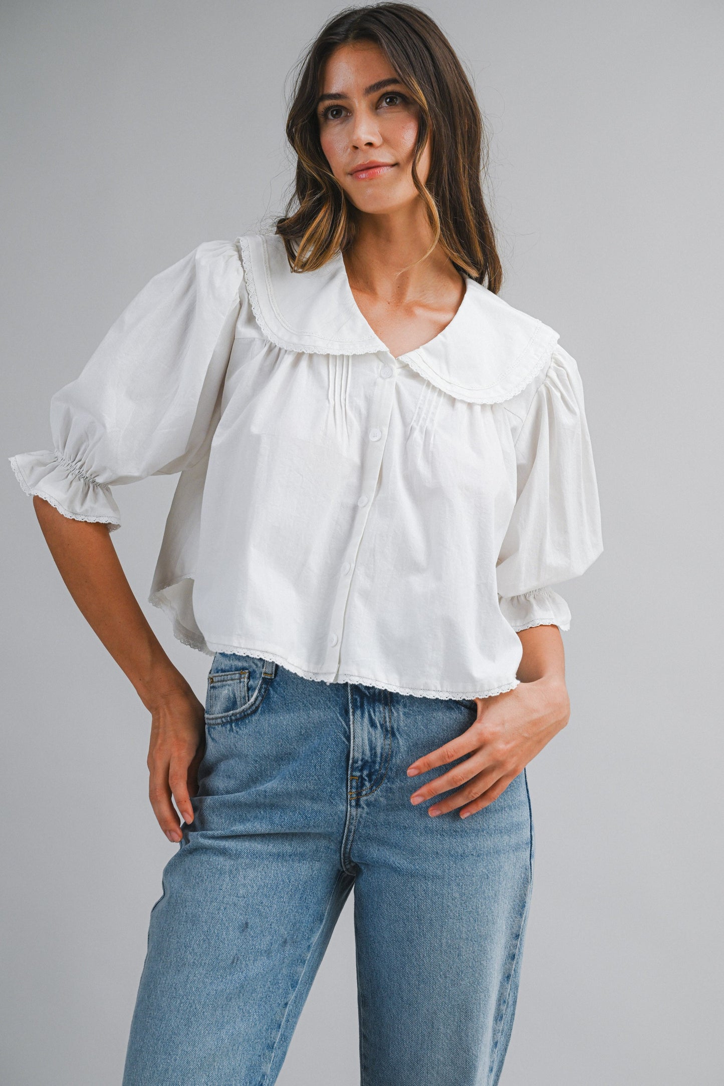 Peter Pan Collar Puff Sleeve Blouse With Lace Trim
