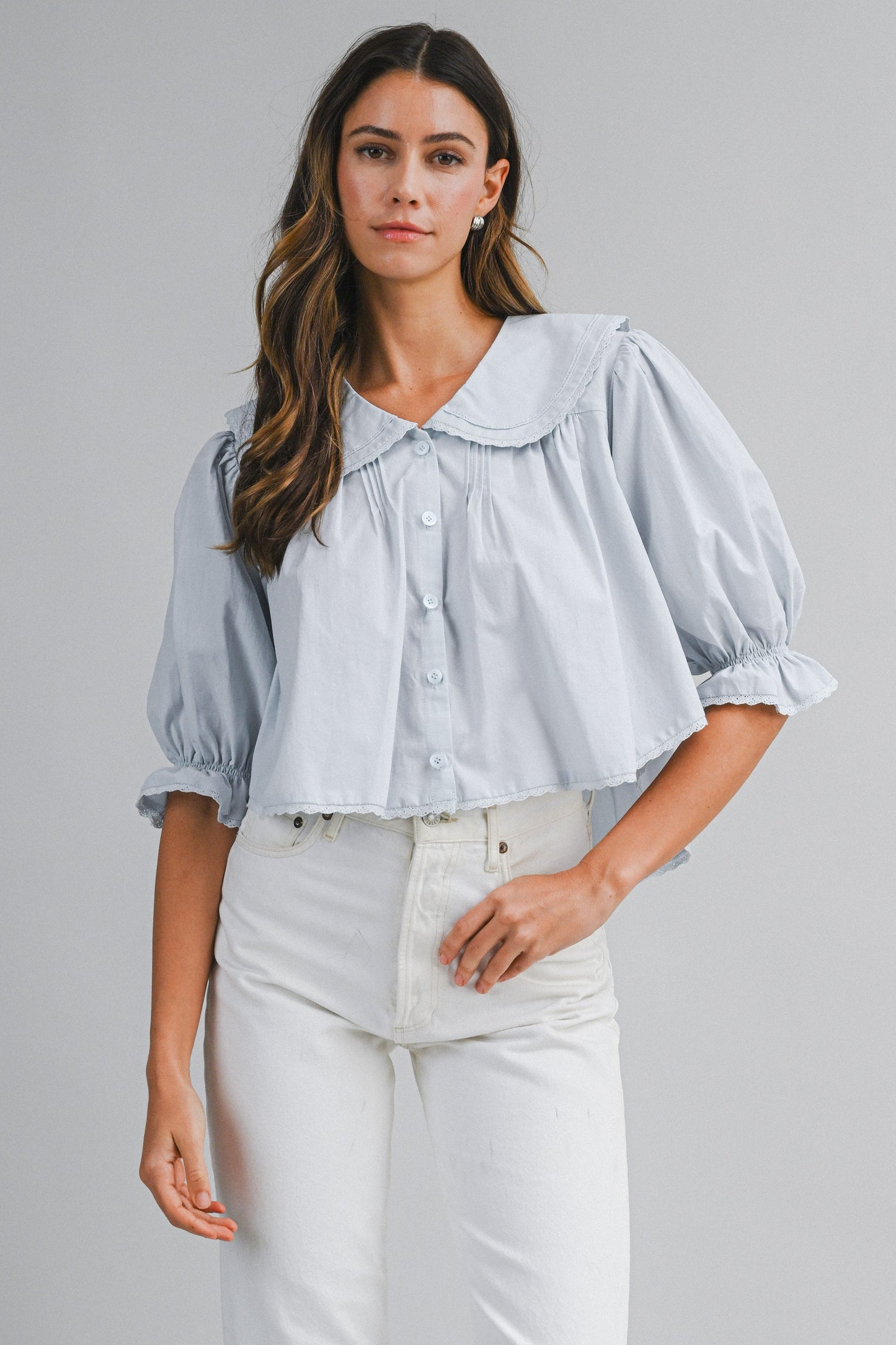 Peter Pan Collar Puff Sleeve Blouse With Lace Trim
