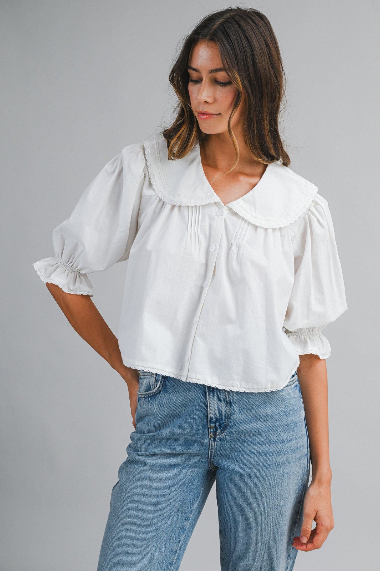 Peter Pan Collar Puff Sleeve Blouse With Lace Trim