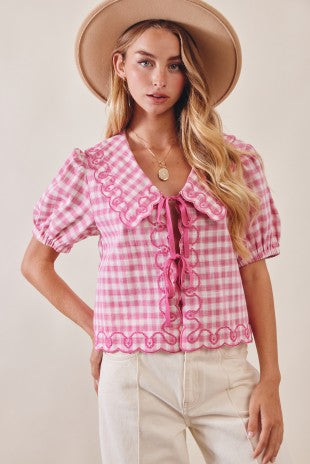 Martha's Gingham Embroidered Tie-front Blouse