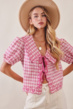 Martha's Gingham Embroidered Tie-front Blouse