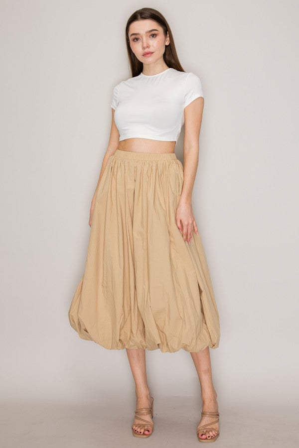 Elastic Waist Bubble Hem Midi Skirt