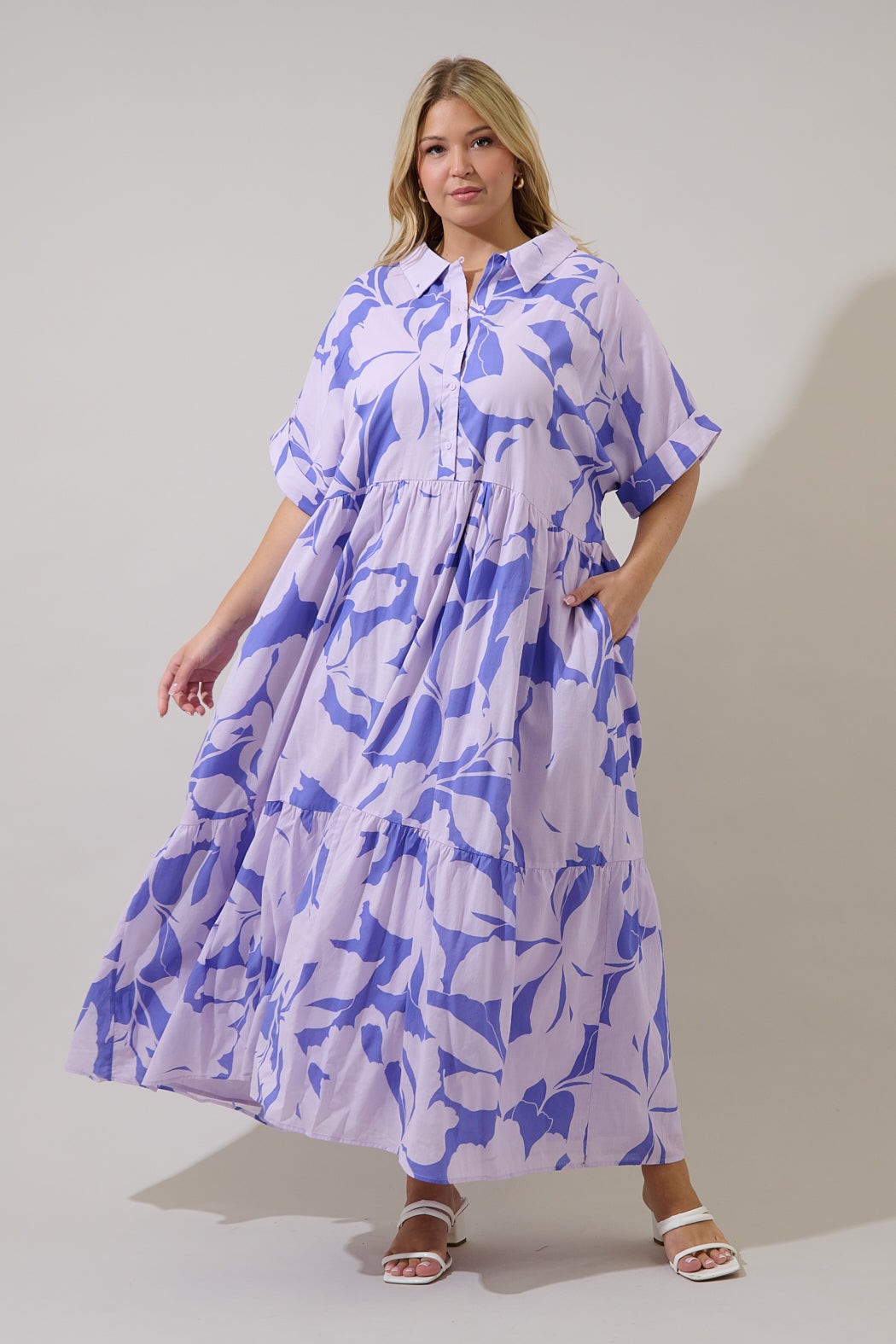Lavender Astera Collared Button Up Floral Maxi Dress
