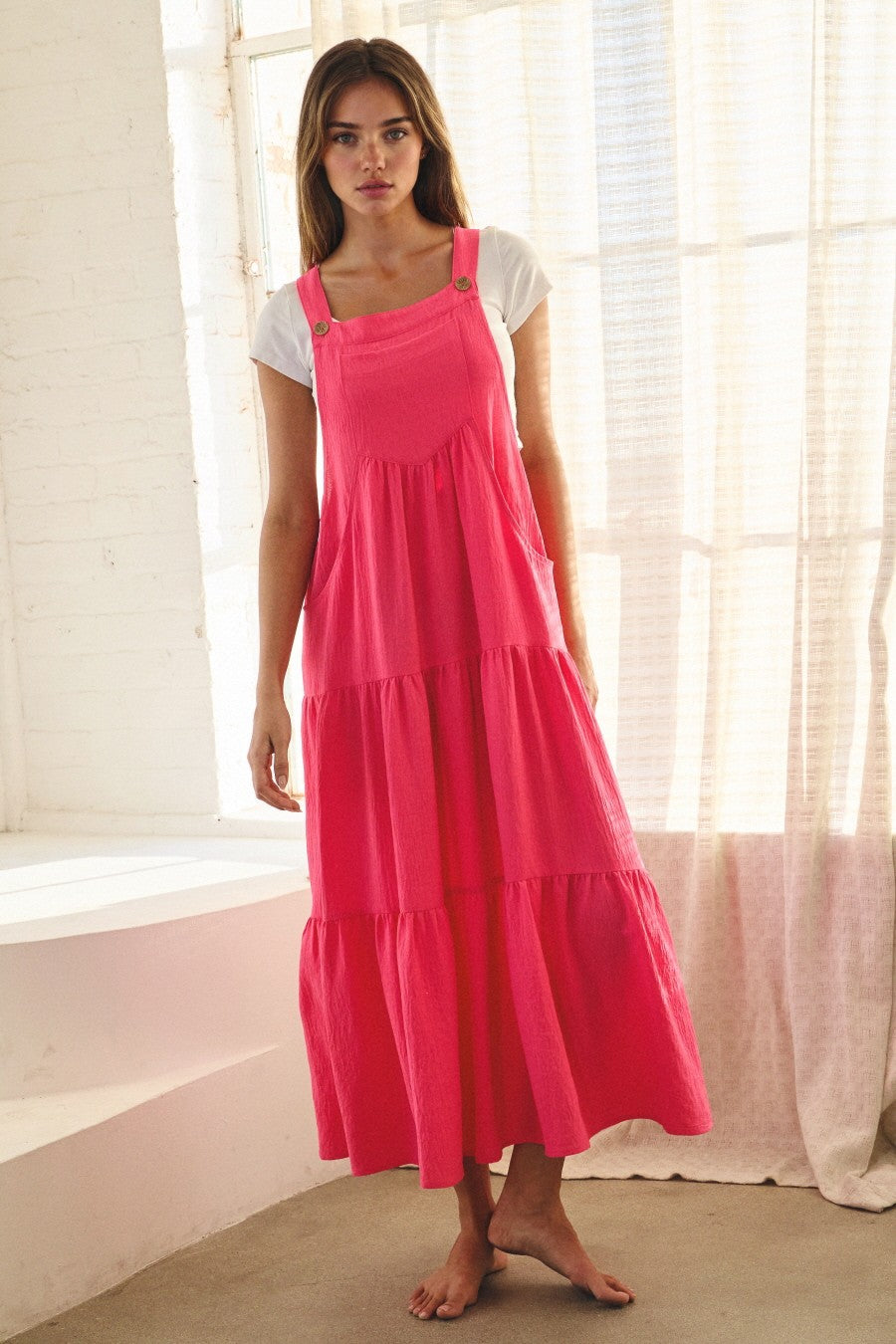 Roxy's Solid Button Sling Tiered Midi Dress