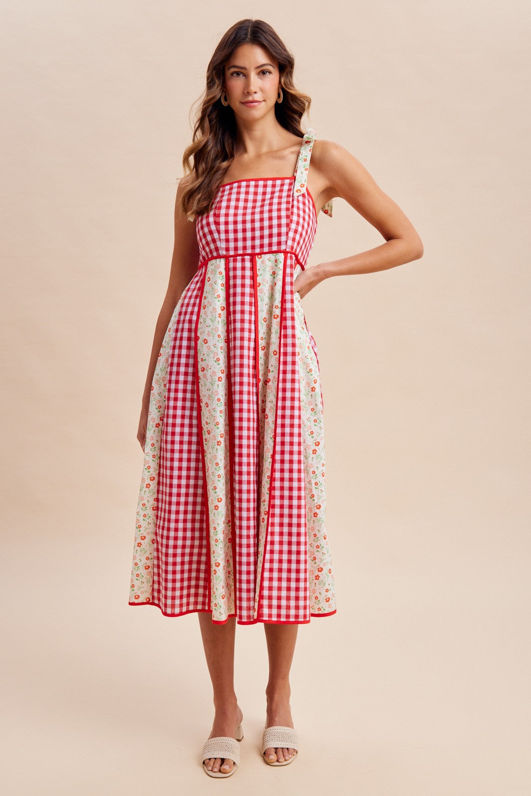 Gingham Floral Patchwork Midi Dress