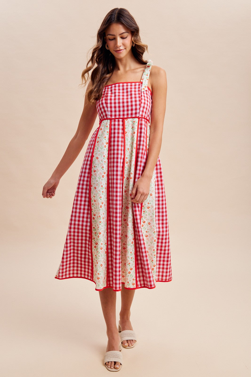 Gingham Floral Patchwork Midi Dress