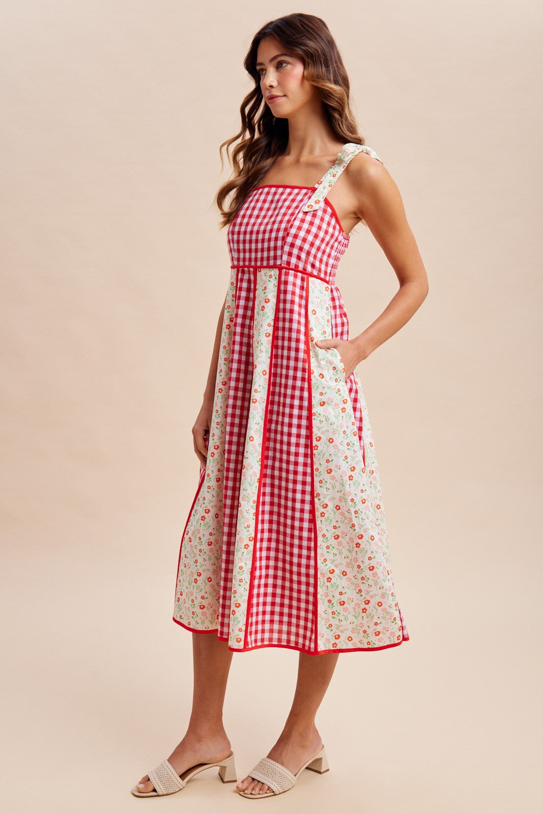 Gingham Floral Patchwork Midi Dress