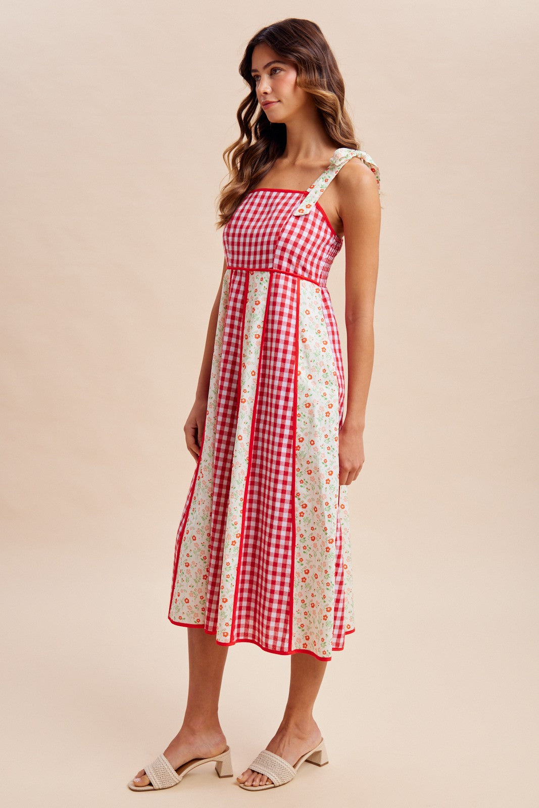 Gingham Floral Patchwork Midi Dress