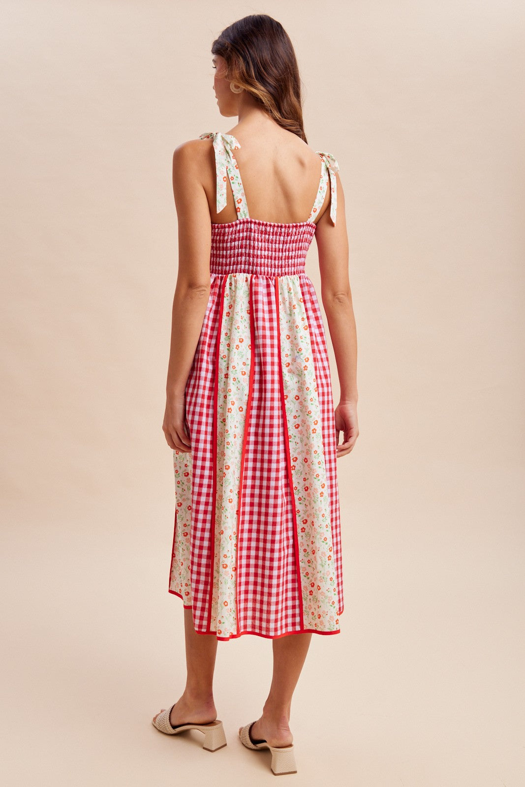 Gingham Floral Patchwork Midi Dress