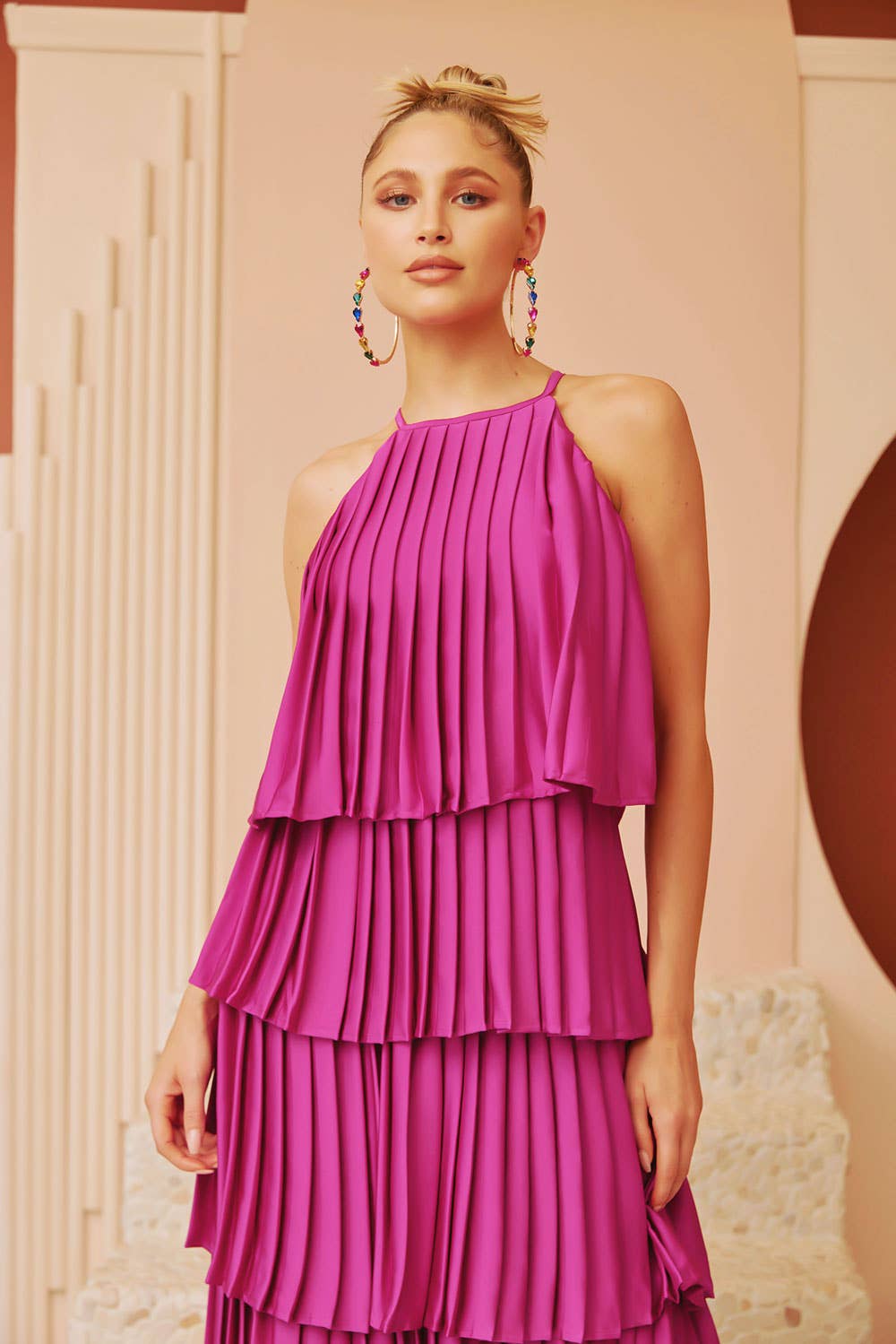 Pleated Satin Tiered Maxi Dress