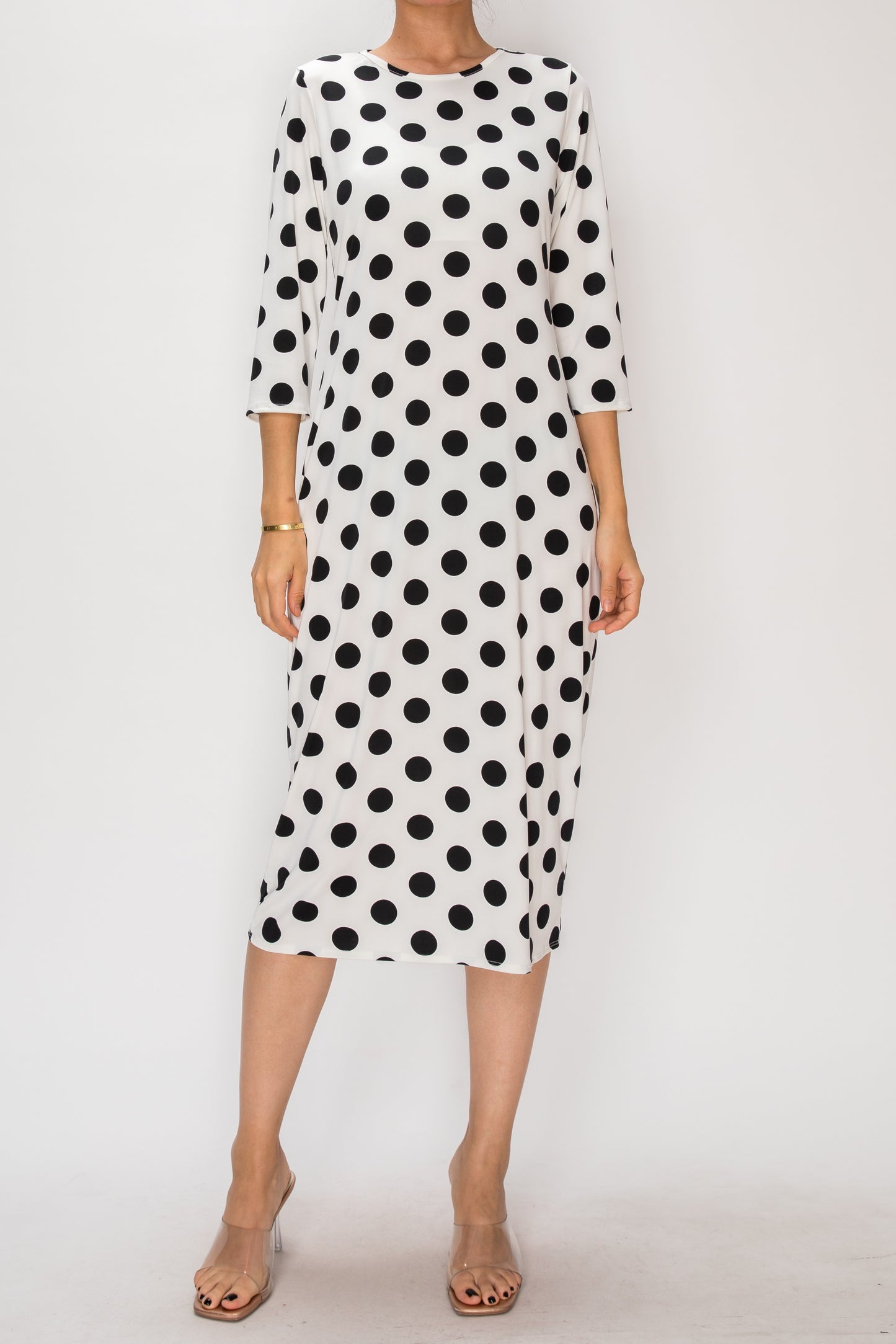 3/4 SLEEVE LAYERING DRESS> POLKA DOT