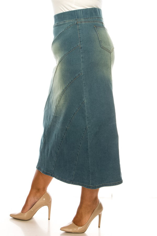DENIM SKIRT: ELASTIC WAIST>MAXI> DIAGONAL SEAM