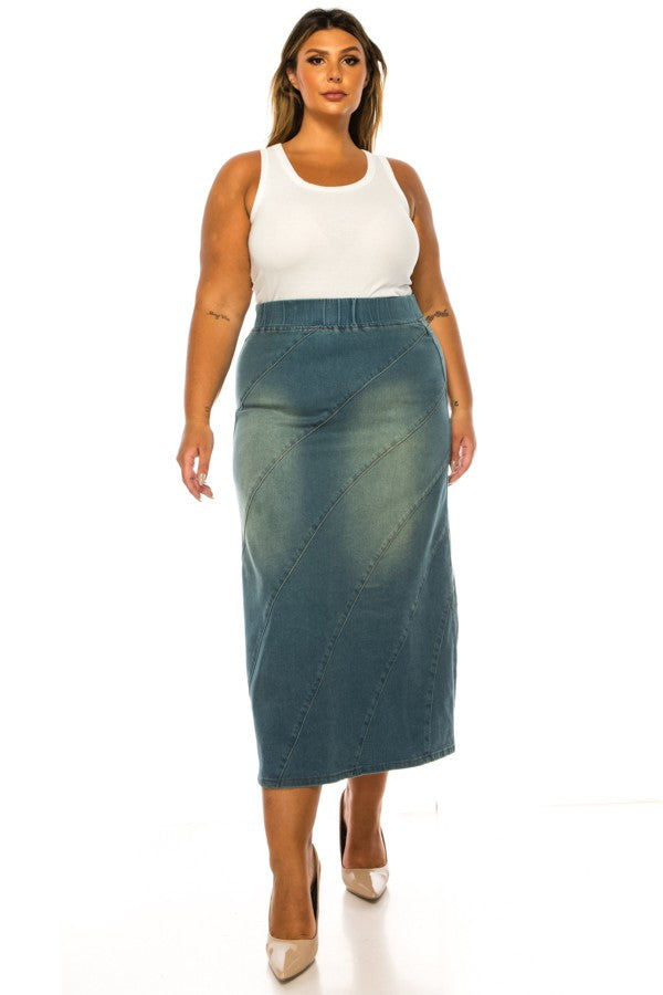 DENIM SKIRT: ELASTIC WAIST>MAXI> DIAGONAL SEAM
