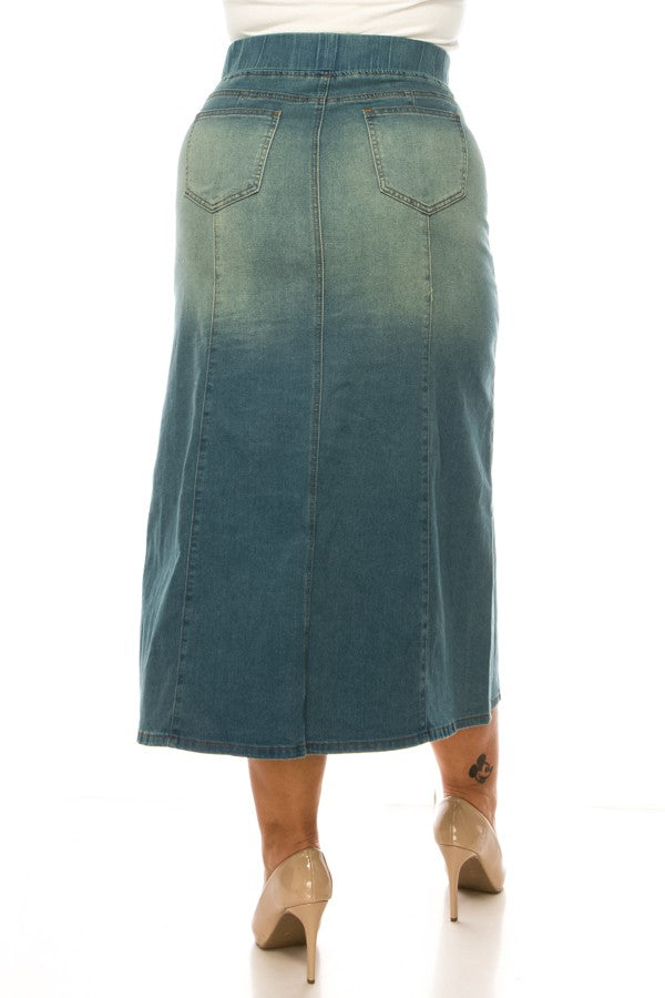 DENIM SKIRT: ELASTIC WAIST>MAXI> DIAGONAL SEAM