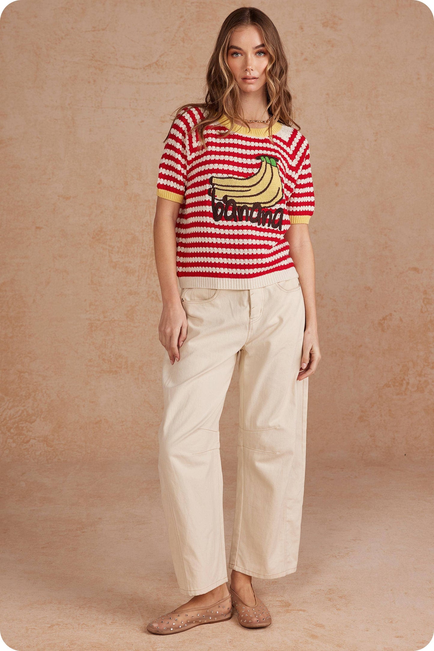 Playful Striped Banana Graphic Short Sleeve Sweater Top