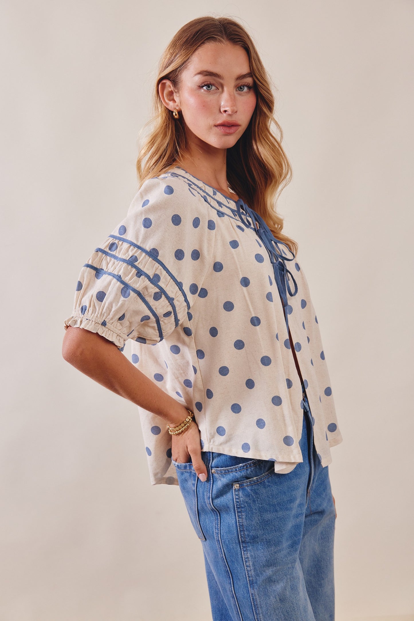 Polka Dot Ruffle Trim Blouse