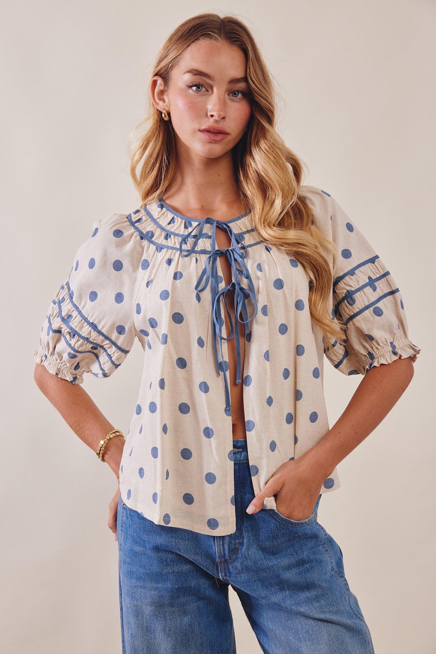 Polka Dot Ruffle Trim Blouse