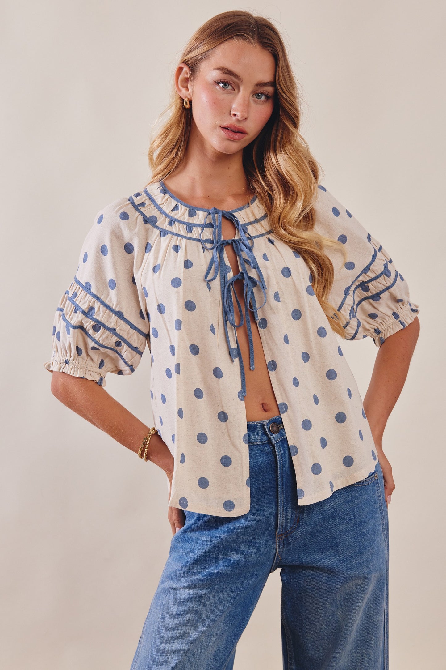 Polka Dot Ruffle Trim Blouse