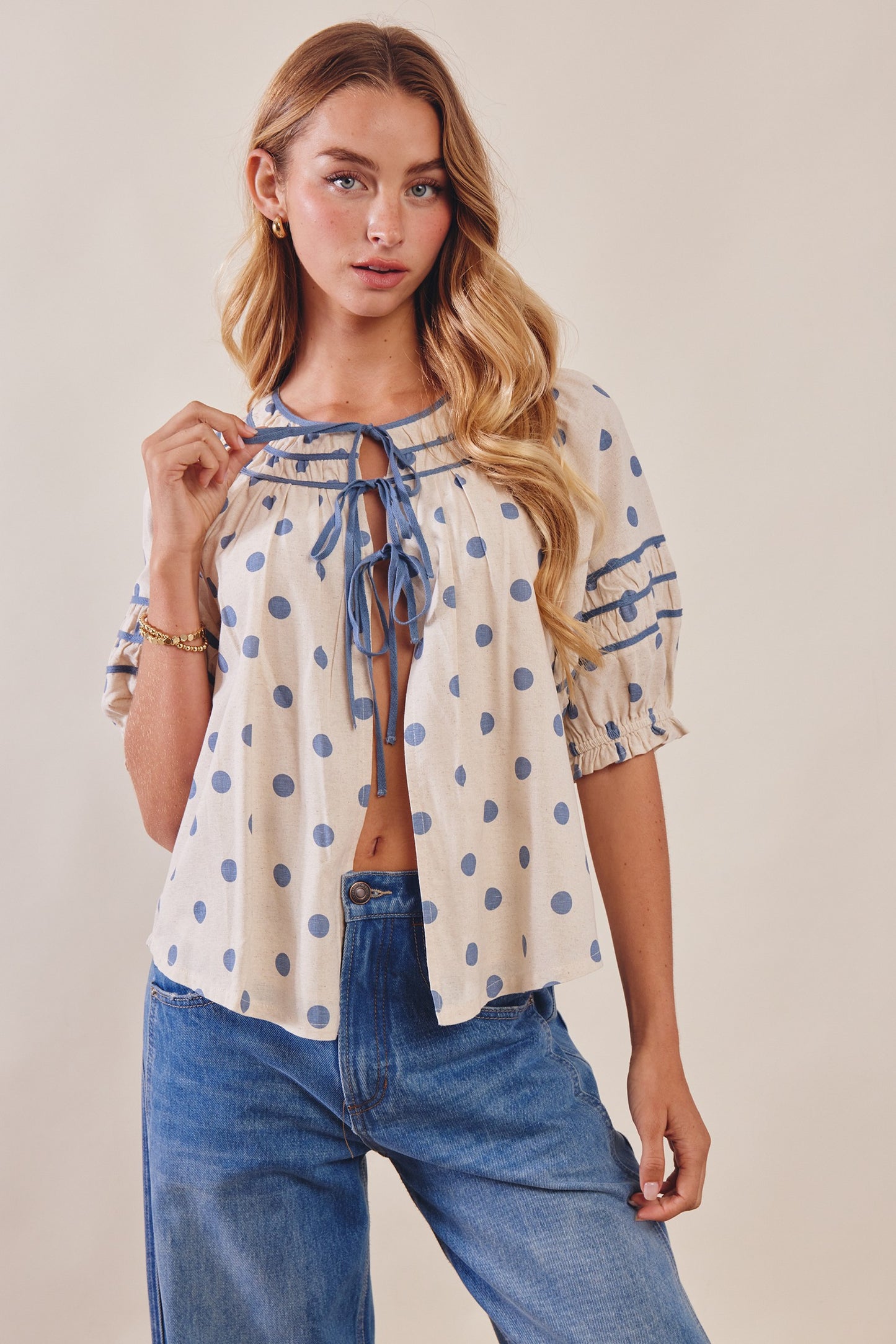 Polka Dot Ruffle Trim Blouse