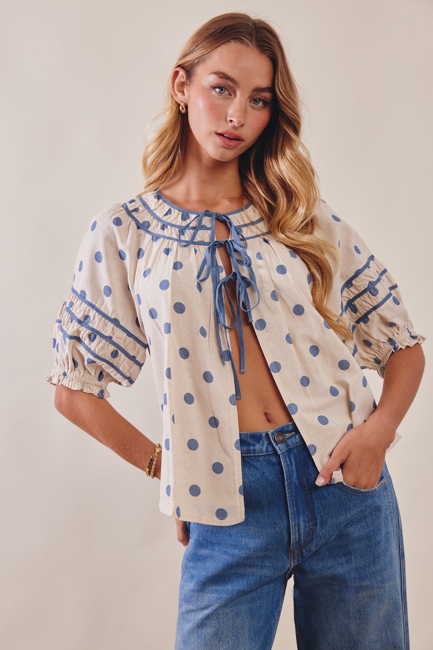 Polka Dot Ruffle Trim Blouse