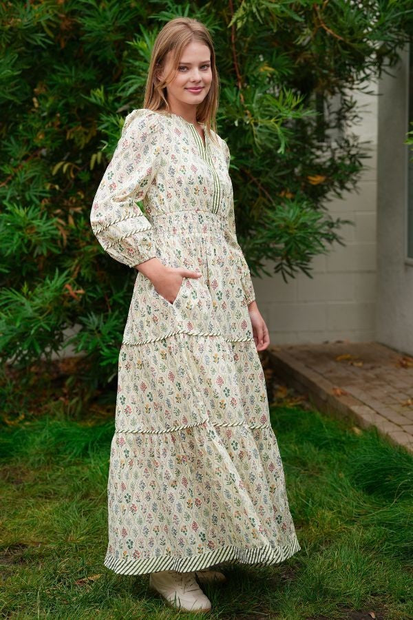 Novelty Fabric Maxi Dress – 3/4 Sleeve with Lining