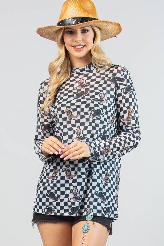 AV1230-VALERIE-5442 WESTERN PRINT CHECKERS PRINT MESH TOP
