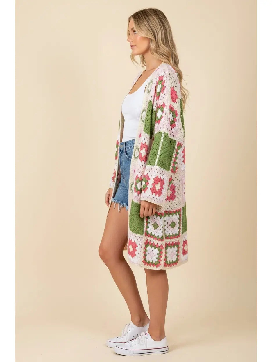 Long Granny Square Crochet Cardigan