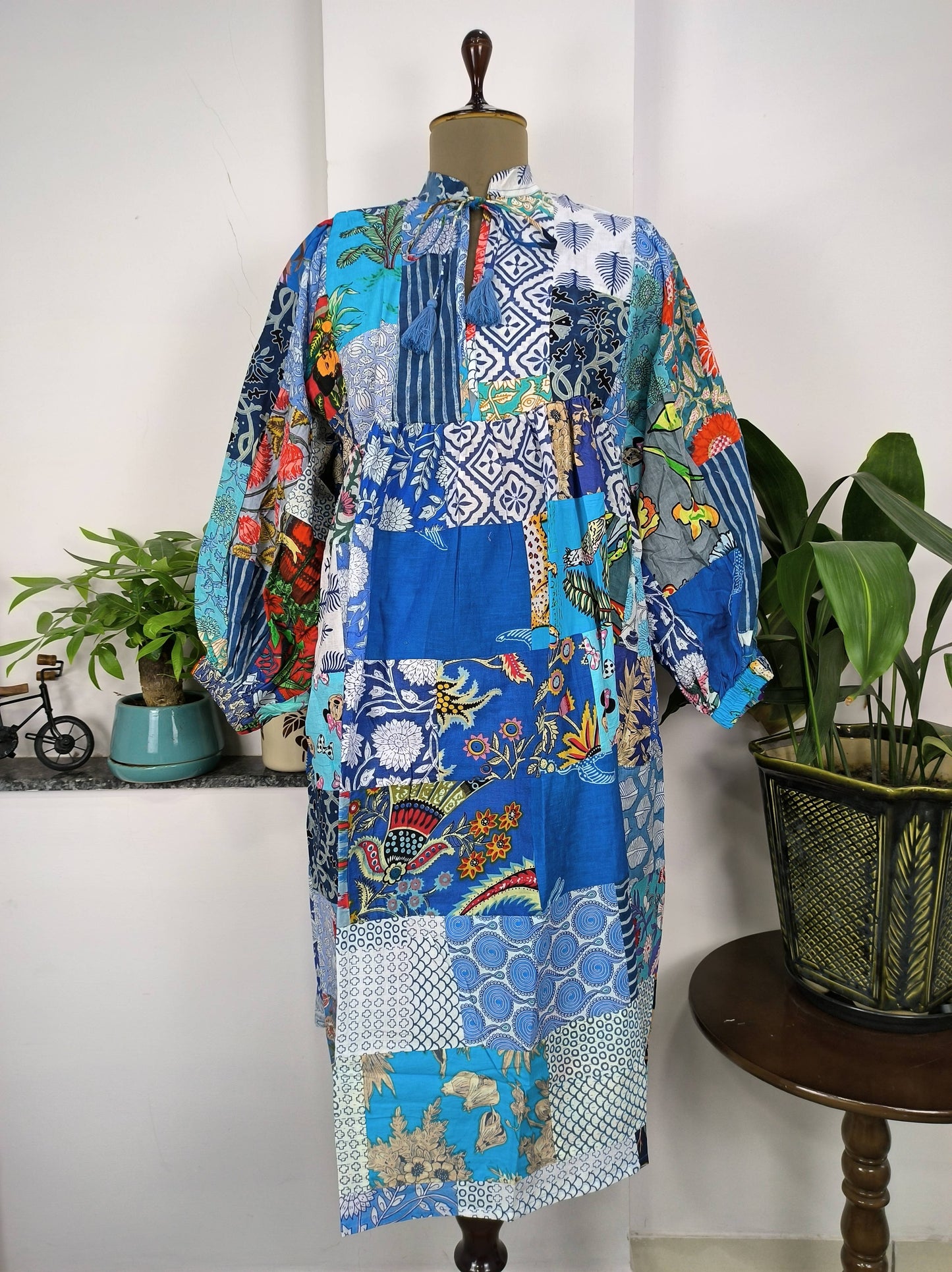 BLUE SHADES - Hand Patchwork Cotton Dress OneSize