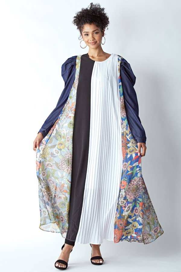 MIXED MATERIAL DRESS WITH PUFFED DENIM SLEEVES