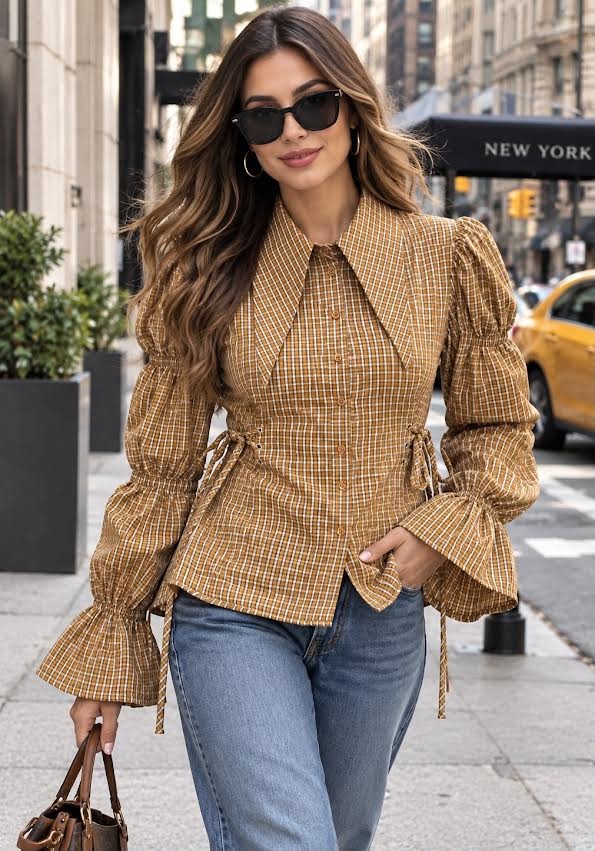 Autumn in the City Plaid Statement Blouse