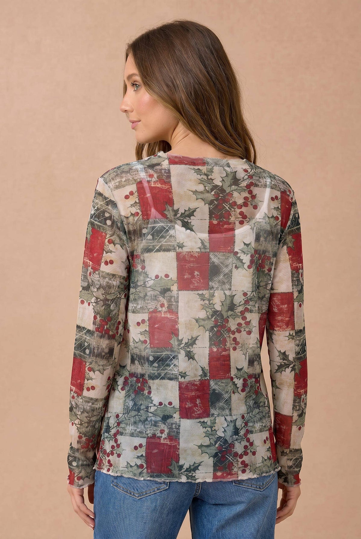 Plus Mistletoe Semi Sheer Mesh Frilled Hem Top