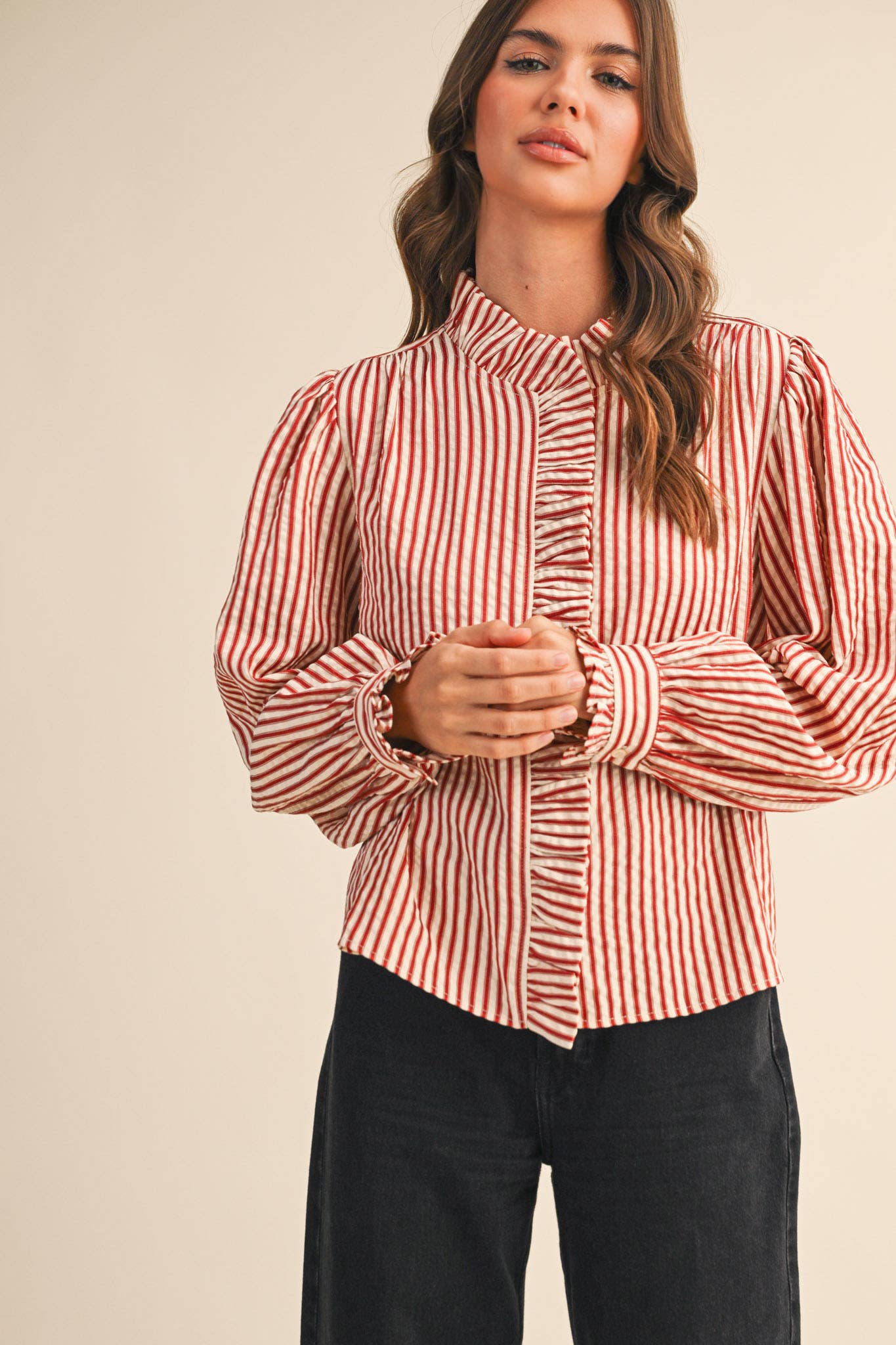 STRIPED RUFFLED BUTTON DOWN LONG SLEEVE TOP MTP4319