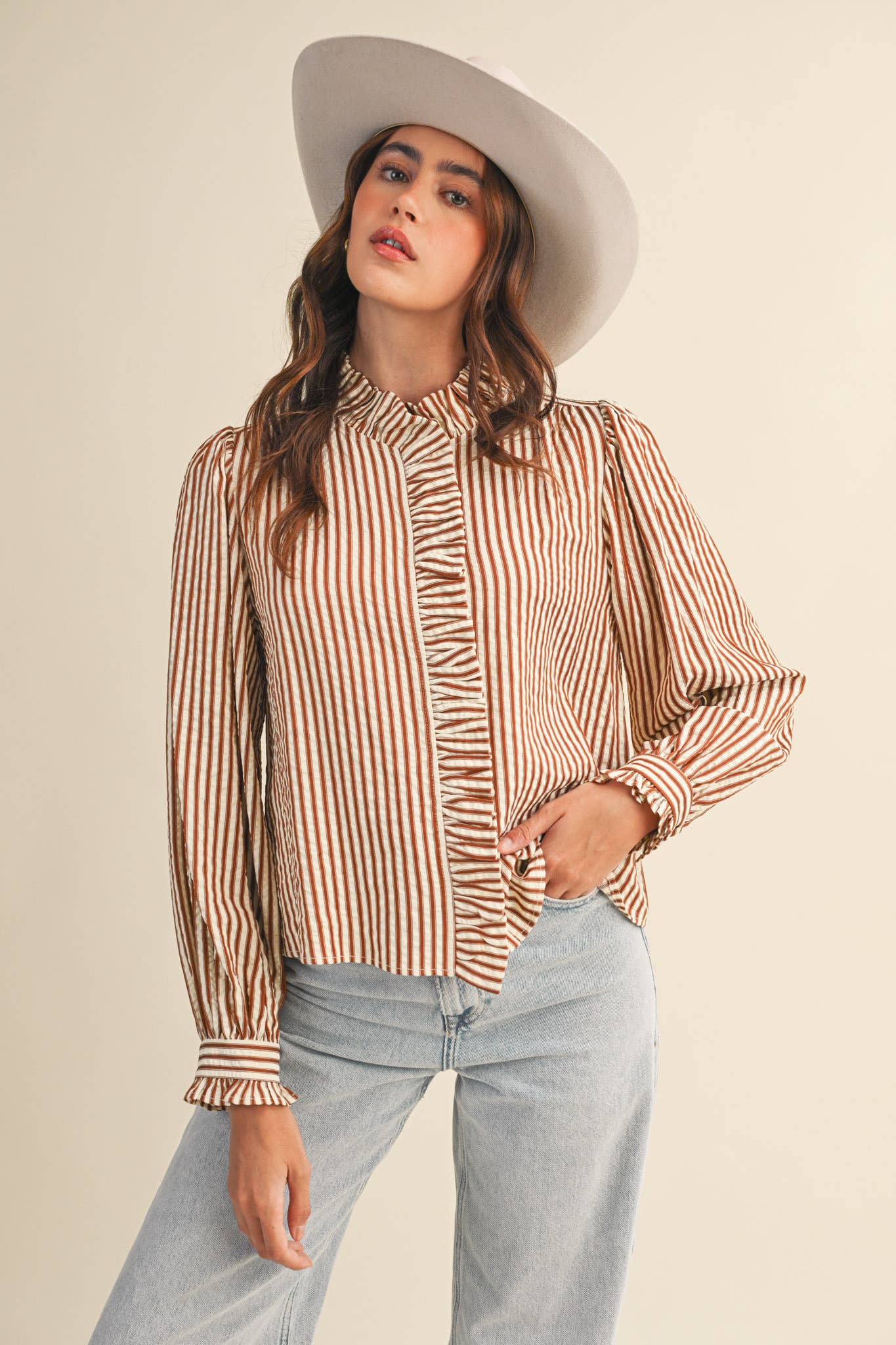 STRIPED RUFFLED BUTTON DOWN LONG SLEEVE TOP MTP4319
