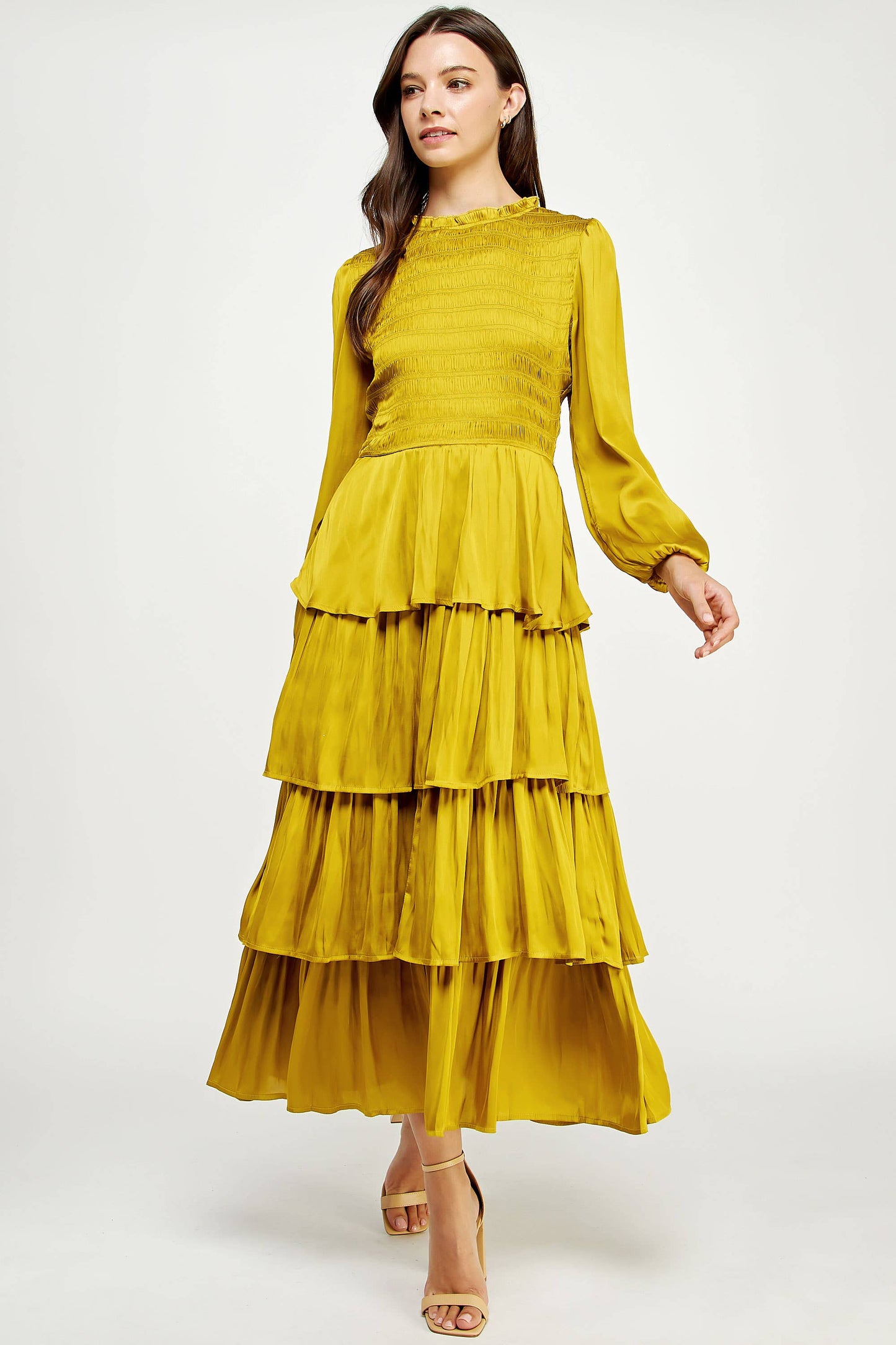 Smocked Detail Satin Tiered Dress