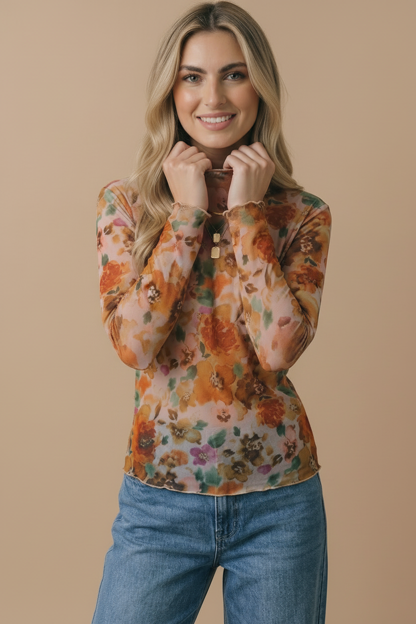 Plus Floral Mesh Frilled Merrow Hem Top