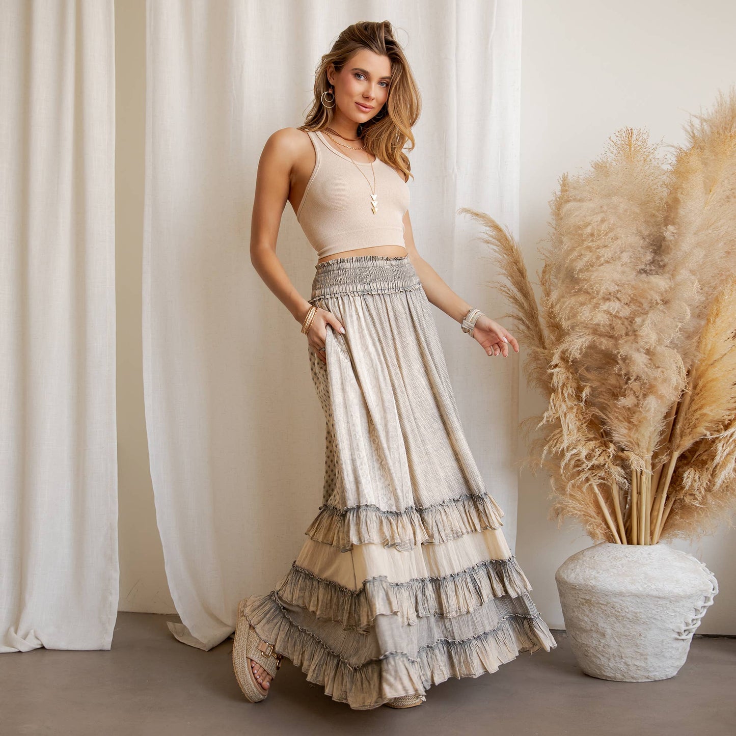 Rustic Smocked Waist Ruffled Tiered Maxi Skirt