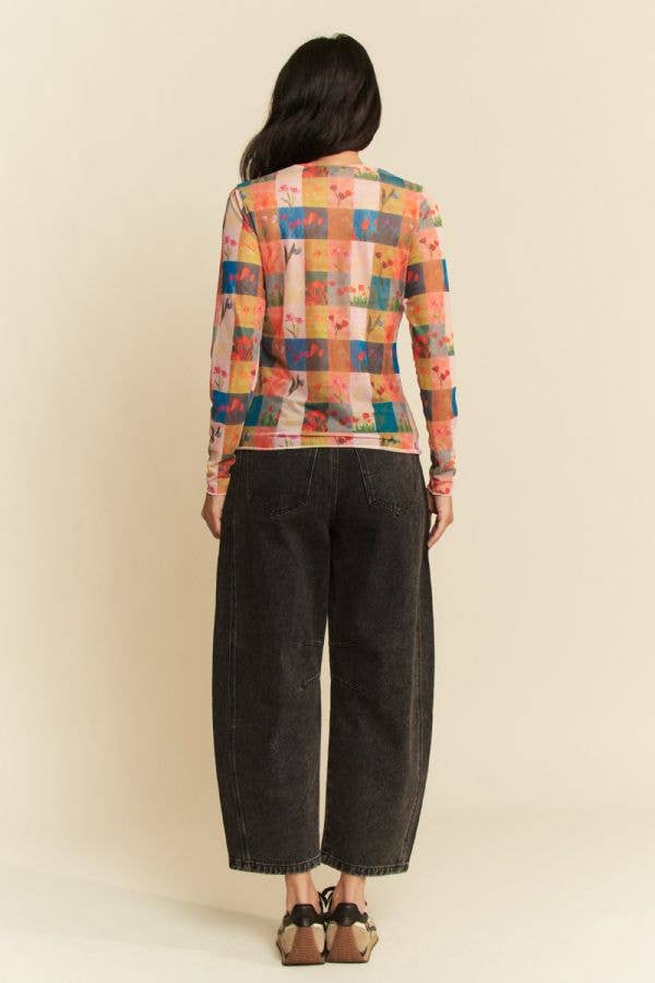 PLUS MULTI CHECKER FLORAL PRINTED MESH TOP