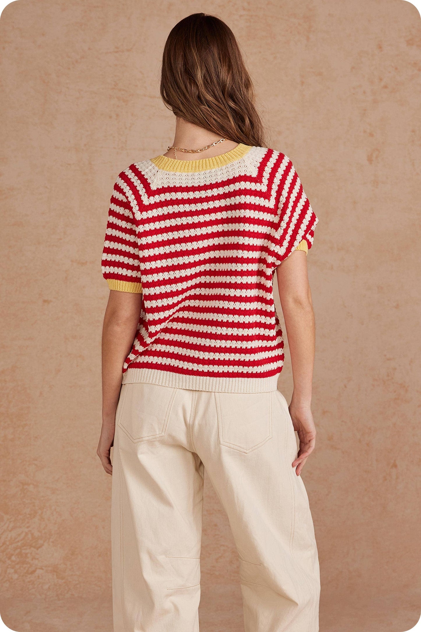 Playful Striped Banana Graphic Short Sleeve Sweater Top