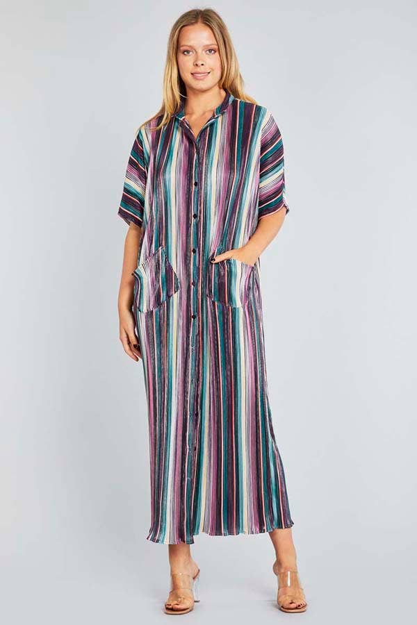 PLEATED METALLIC SOFT DRESS WITH POCKETS