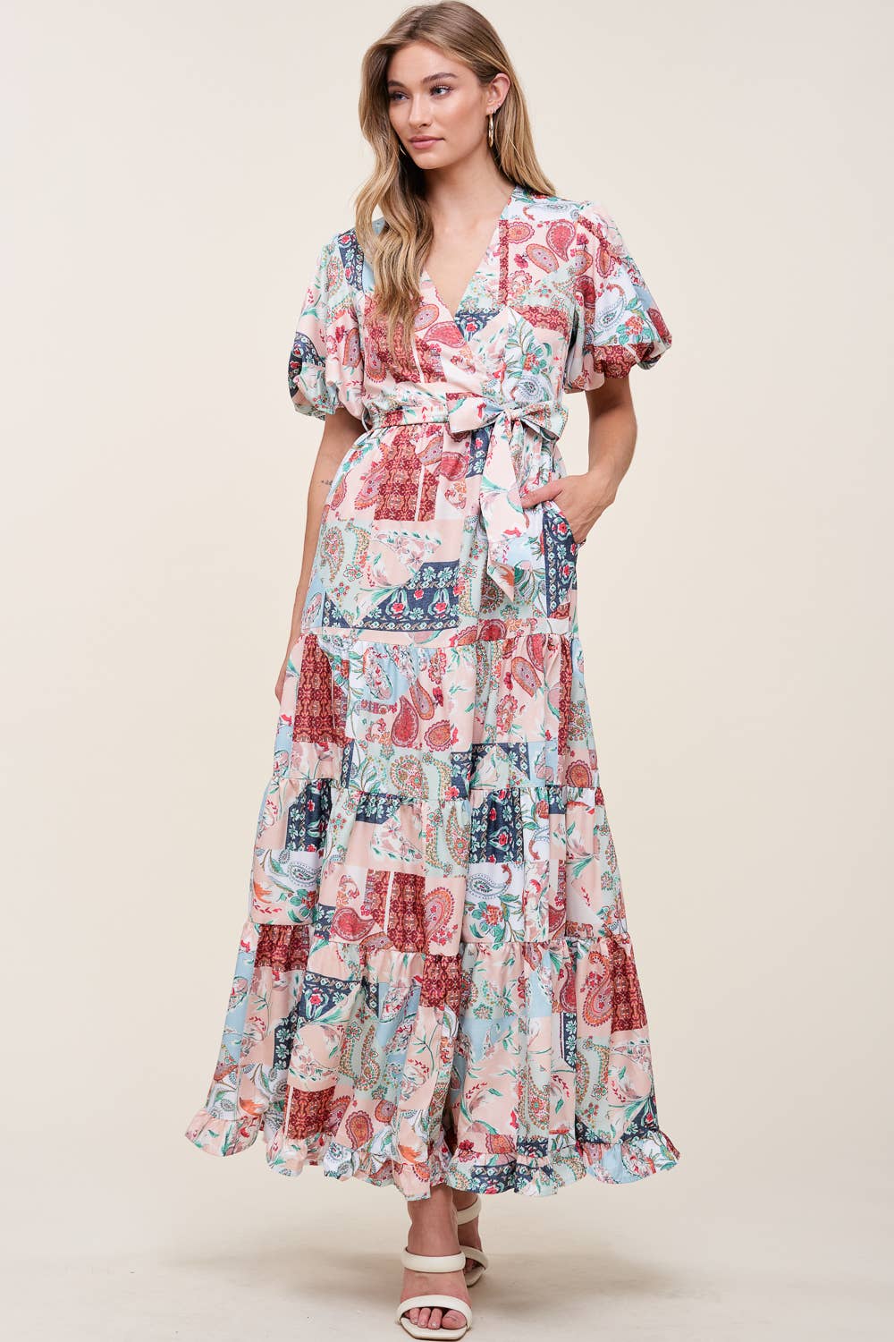 PRINTED V NECK DRESS WITH SELF TIE BOW