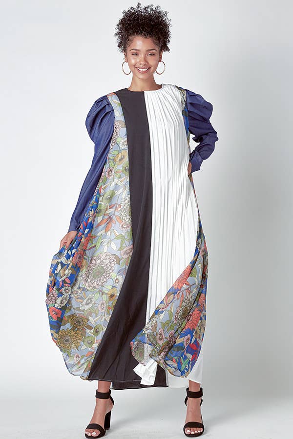 MIXED MATERIAL DRESS WITH PUFFED DENIM SLEEVES