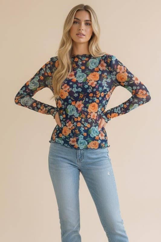 High Neck Sleeve Floral Mesh Top