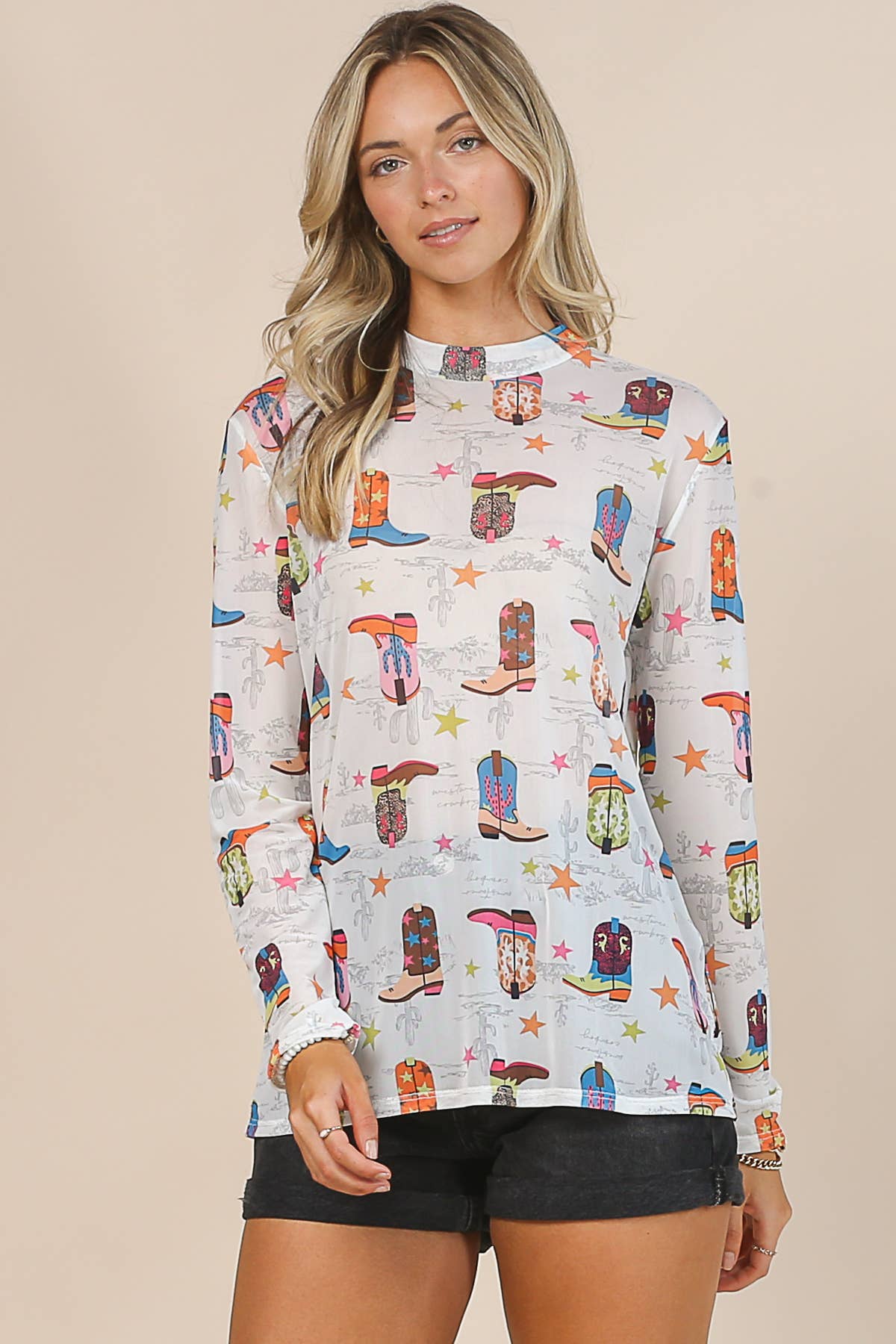 AV1230-GIO BOOTS PRINT MOCK NECK LONG SLEEVE MESH TOP