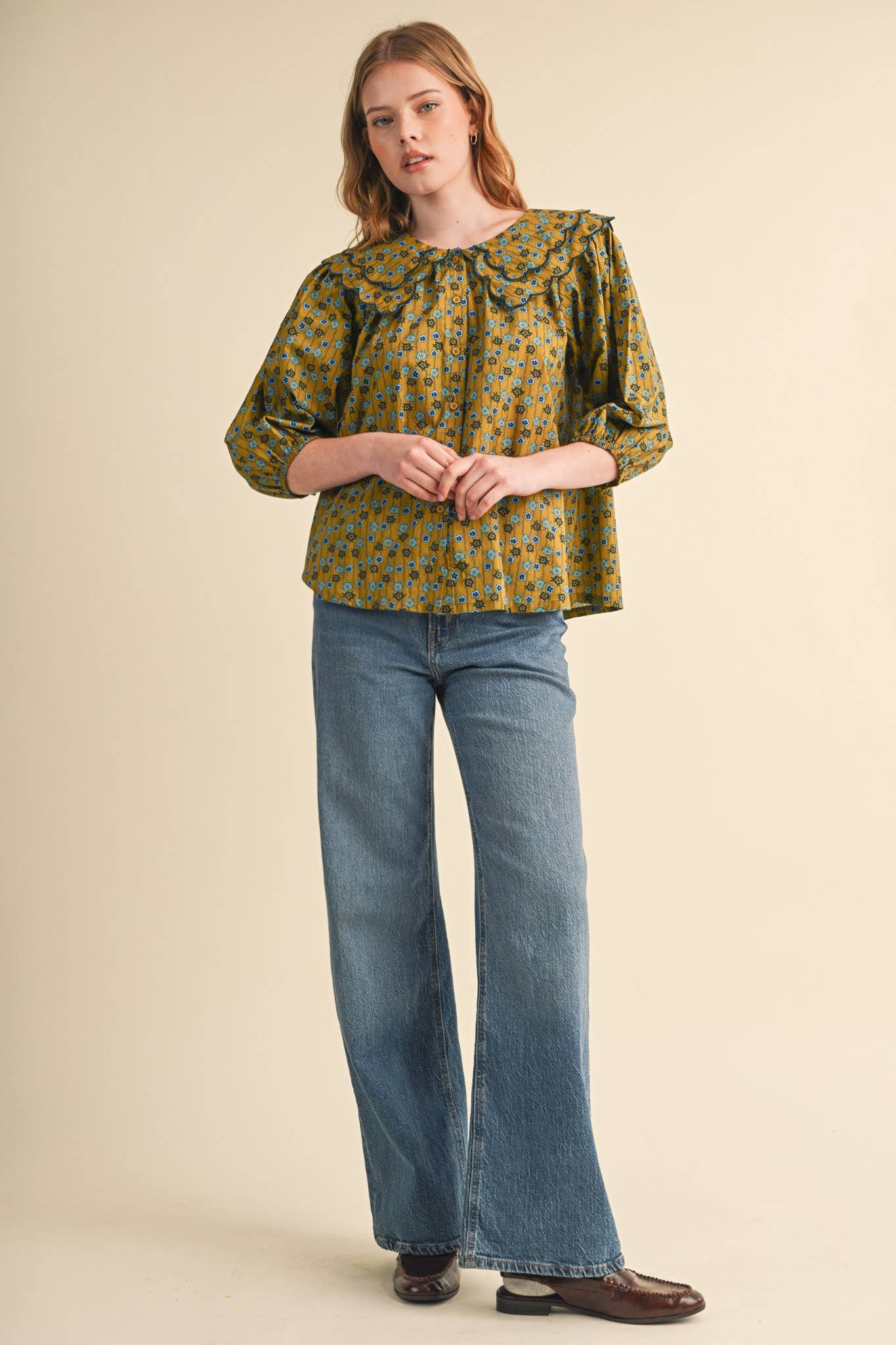 SCALLOPED DOLL COLLAR BUTTON UP FLORAL TOP MTP4964