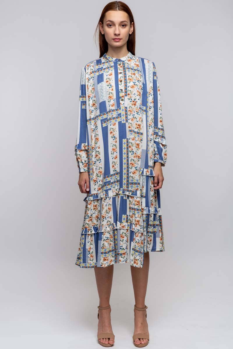 CREW NECK PRINTED DRESS WITH POCKETS