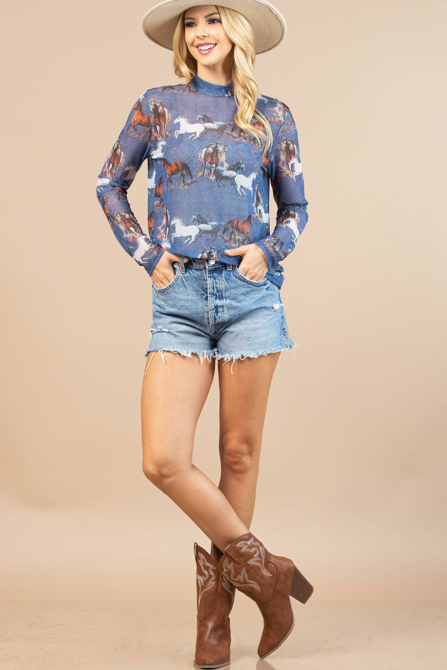 AV1230-ELLIE HORSE PRINT SEMI SHEER MESH TOP
