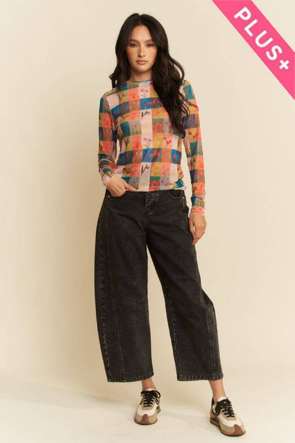 PLUS MULTI CHECKER FLORAL PRINTED MESH TOP
